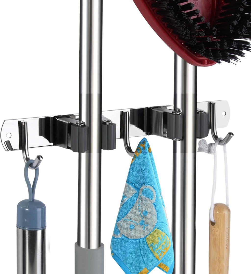 Voze Mop and Broom Holder - 2 Racks & 3 Hooks, Heavy-Duty Wall Mount Organizer for Kitchen & Garage