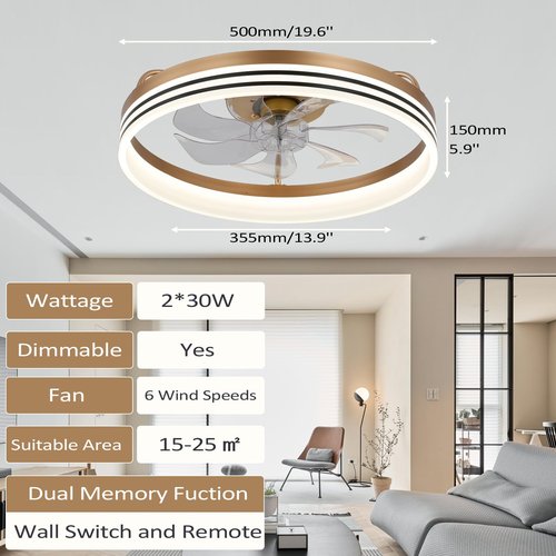 Jenvkoil 20inch Ceiling Fans Lights, Flush Mount Modern Ceiling Fan and Remote Control, 6 Wind Speeds App Control Low Profile Ceiling Fan for Bedroom Living Room 60W (Gold)