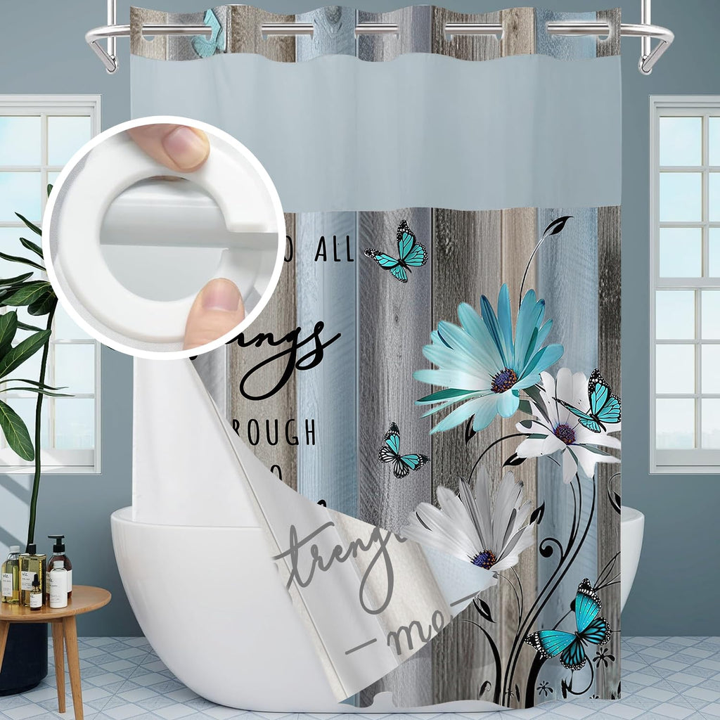 AZHM No Hooks Shower Curtain with Snap in Liner Rustic Teal Daisy Flower Inspirational Quotes Curtain for Bathroom Decor See Through Top Window Double Layers, 71x74 inches