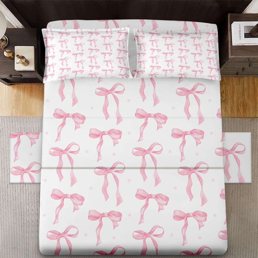 Zzzboro 4 Pcs Fitted Sheet Set Queen Size, Cute Coquette Pink Bow Bowknot, Bed Decor Sweet Themed Elegant Girly Baby Bedroom Sets Pillowcase Bedsheet Bedding Flat Sheet for Kids and Adults