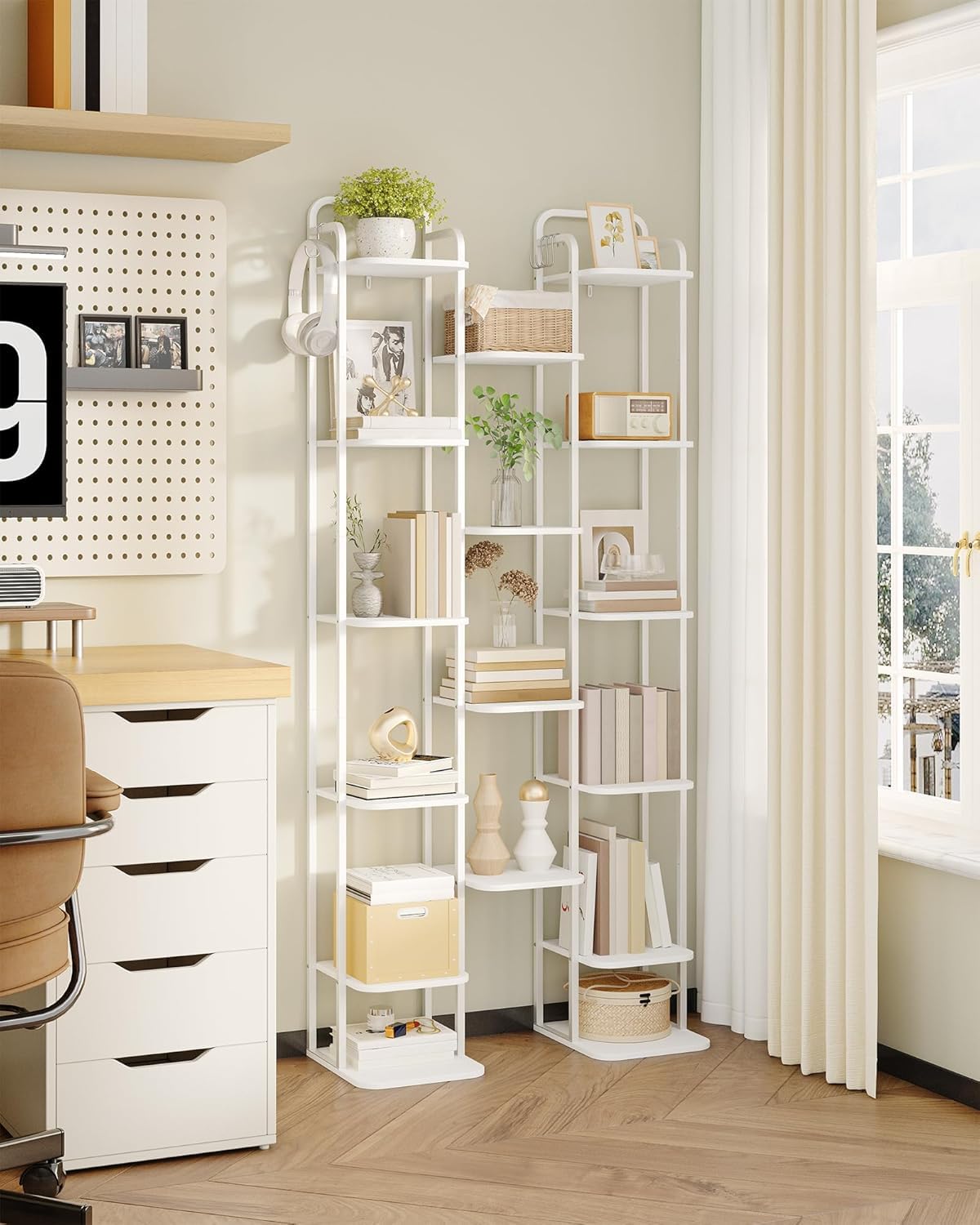 Hzuaneri 10 Tiers Vertical Shoe Rack, Narrow Shoe Tower, Tall Shoes Shelf with 2 Hooks, Adjustable Shelves, Corner Shoes Shelves for Small Spaces, Entryway, Living Room, White SR11213W