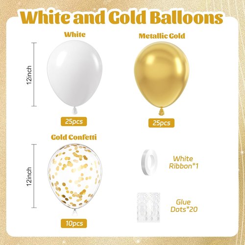 60pcs Gold & White Balloons - 12-Inch Metallic Confetti Balloons for Graduation, Wedding & Birthday Decor