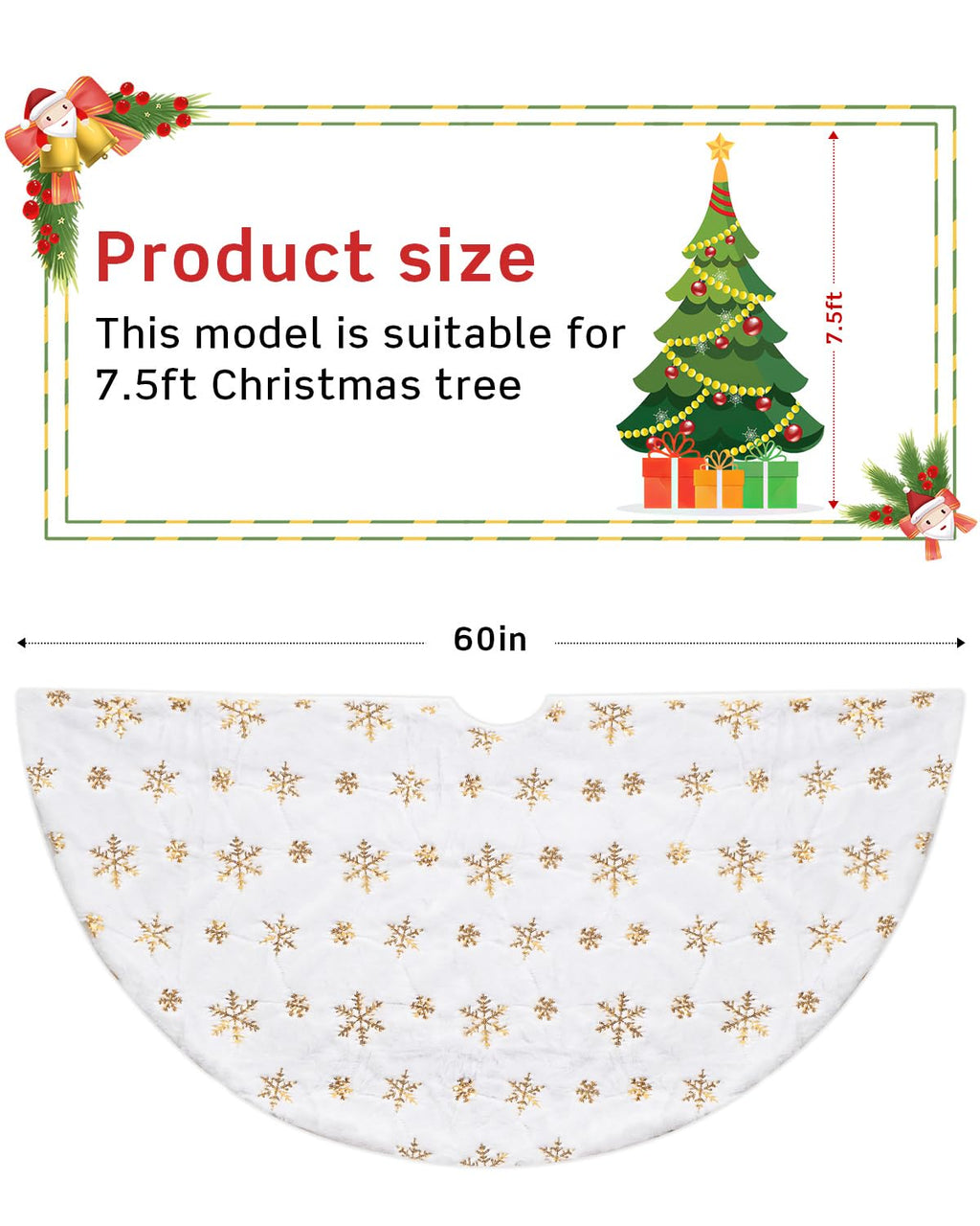 COOLWUFAN 60 Inches Faux Fur Christmas Tree Skirt for Xmas Tree Holiday Party Decoration White Plush Gold Sequin Snowflake (Gold)
