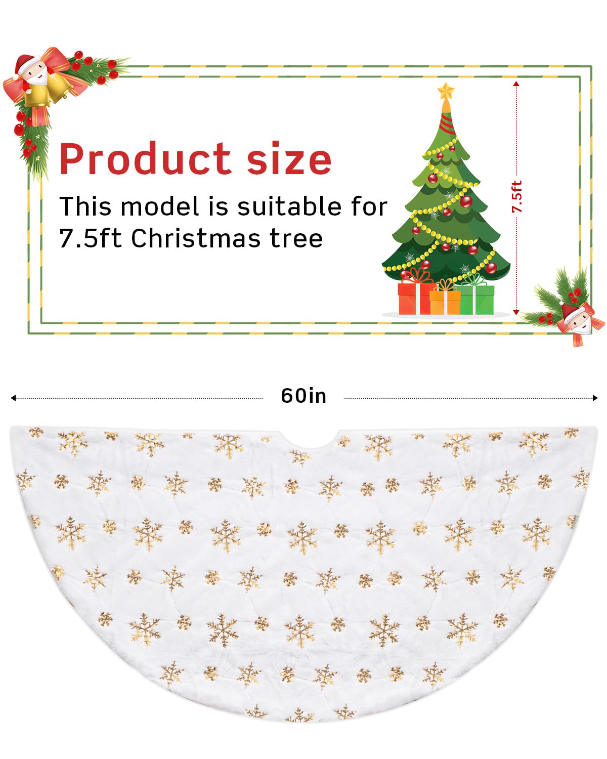 COOLWUFAN 60 Inches Faux Fur Christmas Tree Skirt for Xmas Tree Holiday Party Decoration White Plush Gold Sequin Snowflake (Gold)