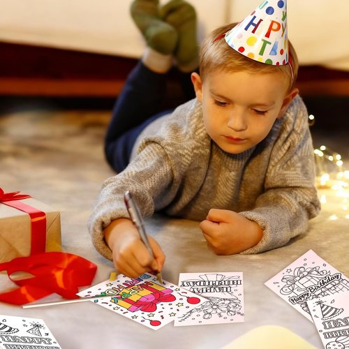 Birthday Coloring Cards - 24 Unique Blank Greeting Card Set with Cakes, Flowers & Gifts | DIY Art Craft for Kids, Adults | Holiday Gift Ideas for Mom, Friends | Thank You & Greeting Card Collection