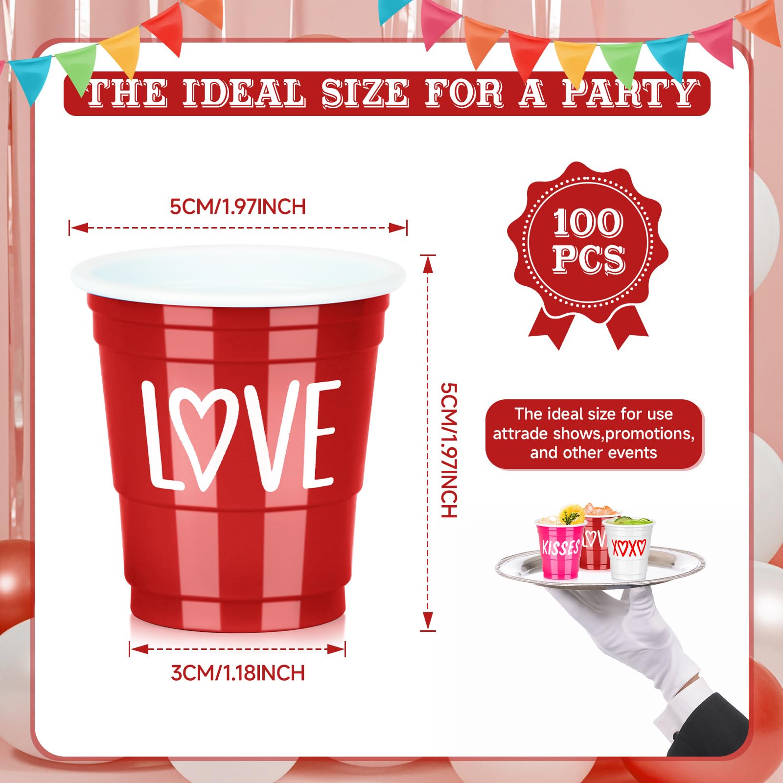 Pineburg Mother's Day Shot Glasses 100 Pack 2oz Red Pink White Cups with Heart XOXO Design for Mom's Day Party, Brunch, Celebration & Gifts