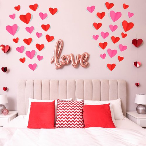 74 Pcs Valentine's Day Decoration, 3D Red and Pink Heart Valentine Wall Stickers, Waterproof Wall Decals, for Wedding Anniversary Party Bedroom School Office (Valentines)