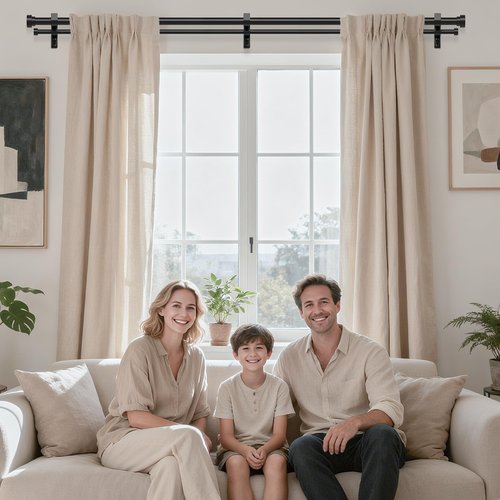Double Curtain Rod, 1 Inch Black Extra Long Dual Curtain Rods 72 to 144 Inch with Aluminium Modern End Cap Finial, Adjustable Heavy Duty Window Treatment Rods, Telescopic Metal Double Drapery Pole Set