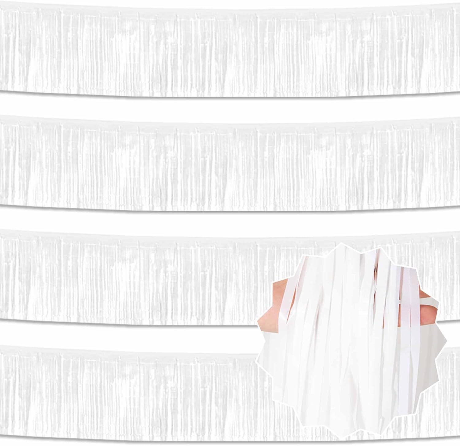 Macaron | 10 Ft White Foil Fringe Garland - Metallic Tinsel Banner for Party Decorations