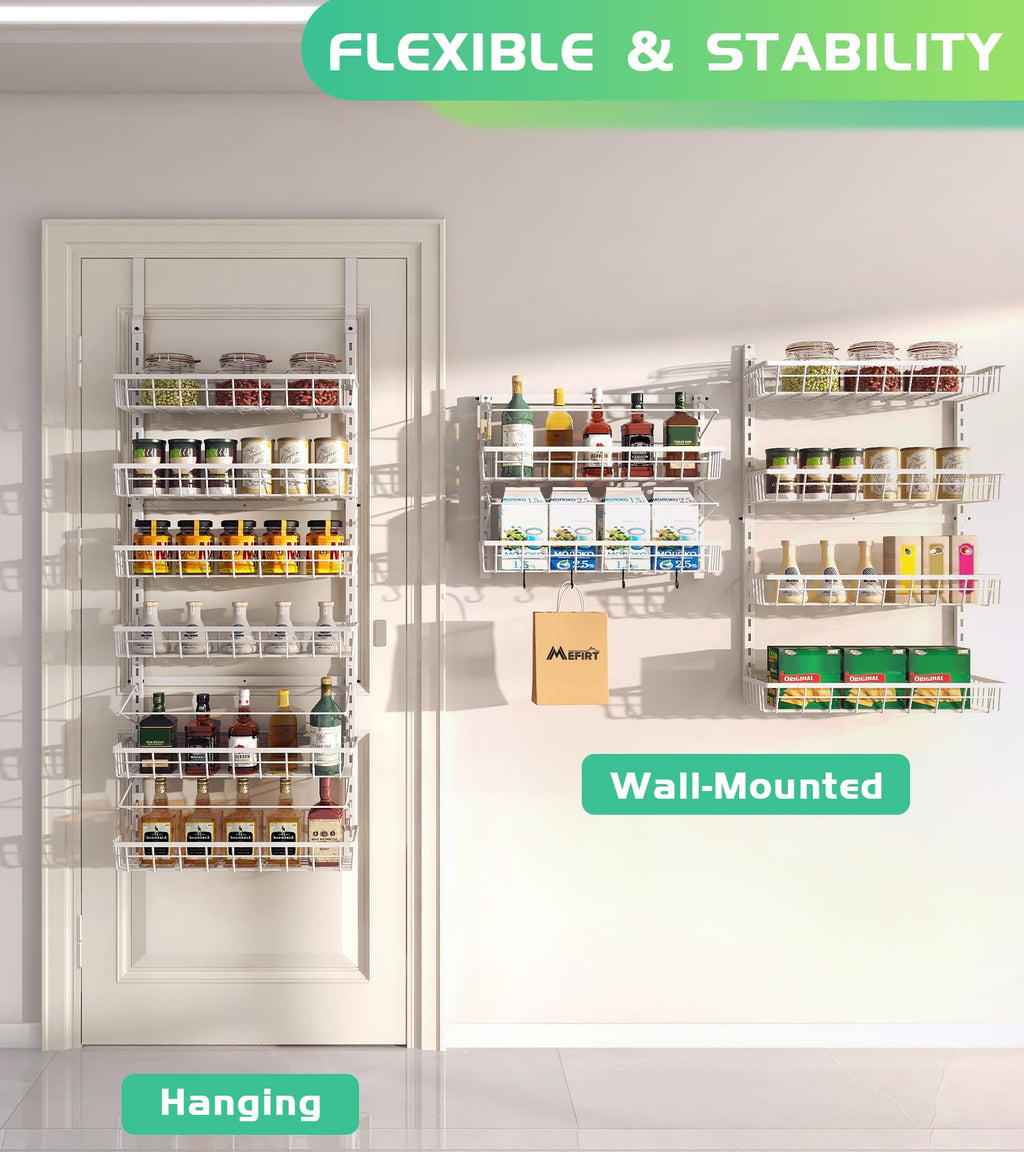 Mefirt Over The Door Pantry Organizer, Wall Mount Spice Rack, Pantry Hanging Storage and Organization, 6 Adjustable Baskets Heavy-Duty Metal for Home & Kitchen, Back of Door Seasoning Rack - White