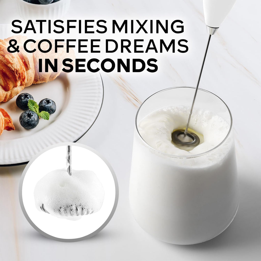Zulay Kitchen Milk Frother Wand - Ultra-Fast Handheld Mixer with 4 AA Batteries - Blizzard White for Coffee & Lattes