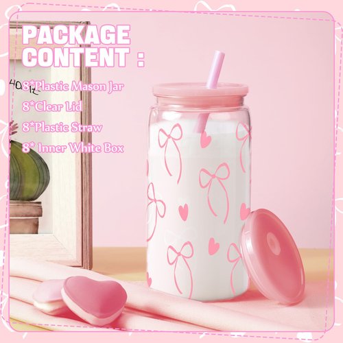 Yetene 8 Pcs Coquette Bow Plastic Cups with Lids and Straws 16 oz Acrylic Mason Jars Aesthetic Reusable Bottles Iced Coffee Mug Beer Glass Tumbler for Birthday Coquette Party(Bow,Pink)