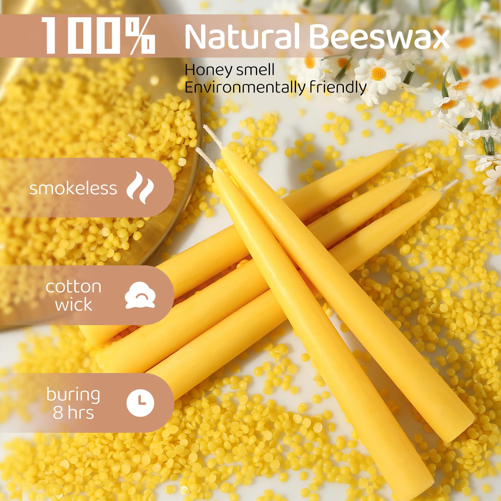 18 Pack Beeswax Taper Candles, 8 in Dripless Pure Beeswax Candle Sticks,8 Hours Long Burning Natural Bees Wax Candles for Home,Unscented Smokeless Tapered Candlesticks for Dinner