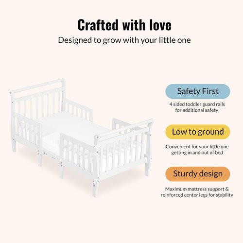 Dream On Me Emma 3-in-1 Convertible Wooden Toddler Bed in White, Baby Safety Alliance Certified, Low-to-Floor Design, Solid Pinewood with Safety Rails