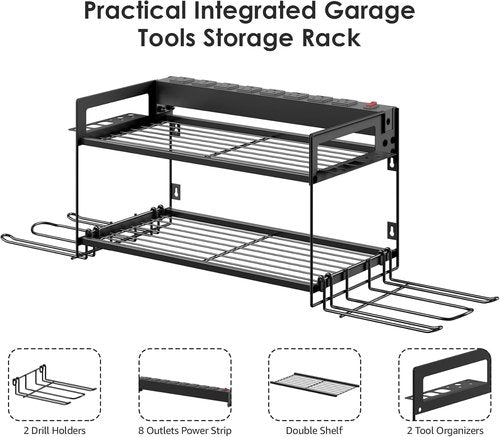 CCCEI Garage Tool Storage - Power Tool Battery Organizer with Charging Station & Wall Mount Rack, Black