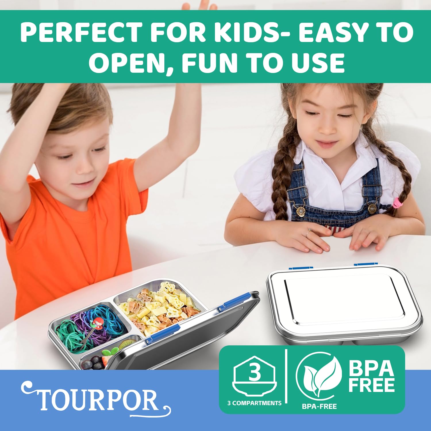 TOURPOR Stainless Steel Bento Box for Kids 1000ml - 3 Compartment Lunch Box for Adults, Leakproof Food Container, BPA-Free Metal Lunch Box with Silicone Seal, Eco-Friendly/Dishwasher Safe (Blue)