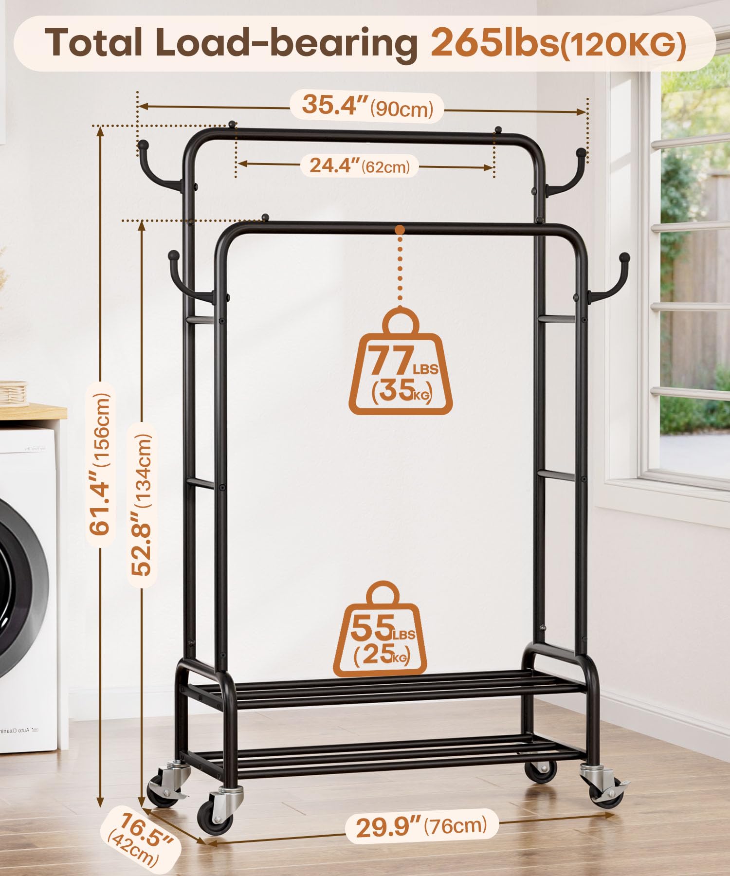Homde Heavy Duty Clothes Rack: 265lb Rolling Double Rod Garment Hanging - Metal Coat Organizer Storage Display Shelf on Wheels for Bedroom Laundry