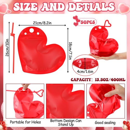 Jingmore 50 Set 8 oz Drink Pouches with Straws Heavy-duty Zipper Reclosable Liquor Smoothie Bags Cute Treat Packing Bags for Festive Parties DIY Gifts Daily Use(Heart,Red)