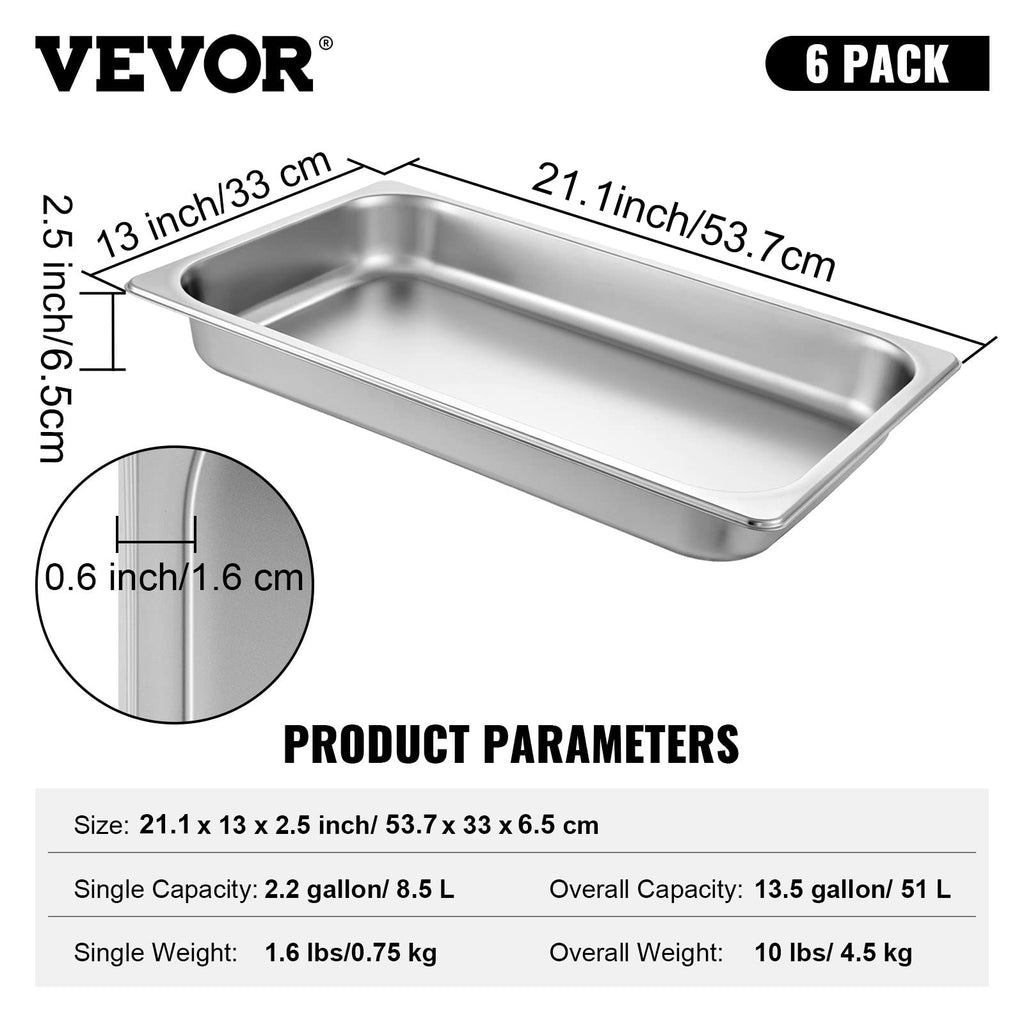 VEVOR Hotel Pans Full Size 2.5 Inch Deep, Steam Table Pans 6 Pack,0.8mm Thick Stainless Steel Hotel Pan Anti Jam Steam Table Pan, for Home, Party, Restaurant, Hotel, Buffet