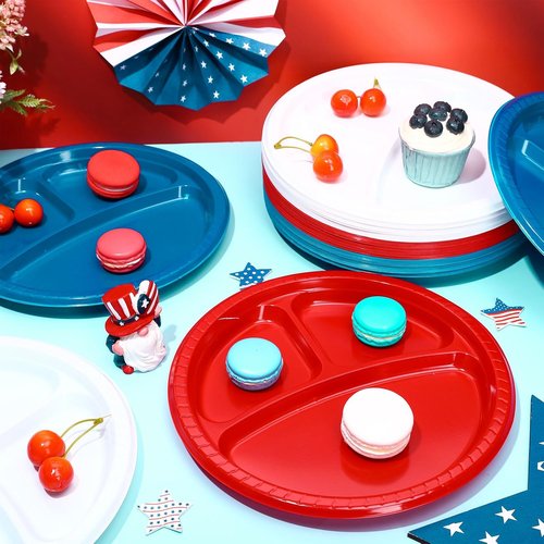 FYSUIMU 10-Inch Divided Plates - 90Pcs Patriotic Plastic Serving Trays for 4th of July & Memorial Day