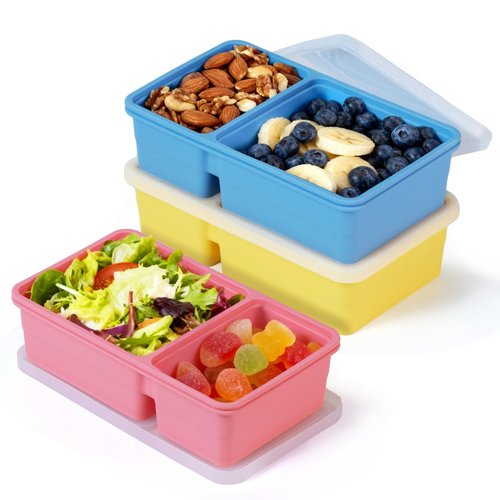 3 Pack Silicone Snack Containers with Lids, 12 oz Double Compartment Reusable Snack Bento Box for Kids , Leakproof Food Storage Boxes for Sauce, Fruit, Snacks, School, Office, Picnic, Easy to Clean