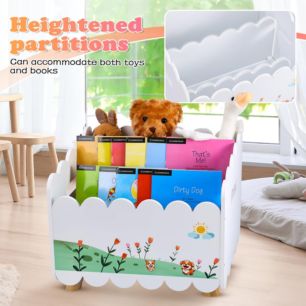 QwayHome Wood Kids Bookshelf, Montessori Bookshelf, Kids Storage Oragnzier with Handles, Toddler Bookcase with 2 Adjustable Dividers for Bedroom,Nursery & Classroom,White