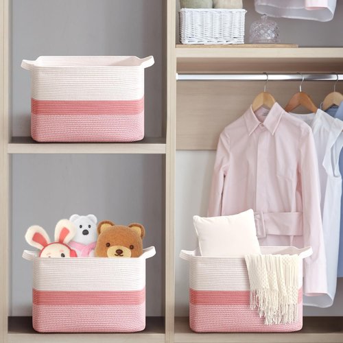 CLHMILY&Z Stylish Square Cotton Rope Storage Basket - Pink & White, 85L Capacity