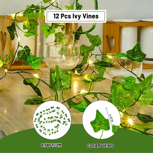 HXWEIYE Artificial Ivy Greenery Garland - 12 Pack with 200 LED Fairy String Lights | Perfect for Wedding & Garden Decor