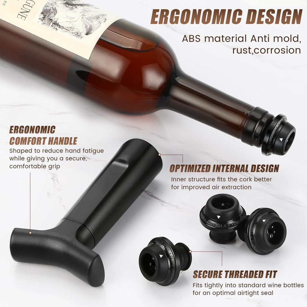 ONANNOS Wine Stopper, Wine Saver Vacuum Pump with 4 Reusable Stoppers, Wine Bottle Preserver & Sealer Keeps Fresh Longer, Ergonomic Handle, ideal Gift