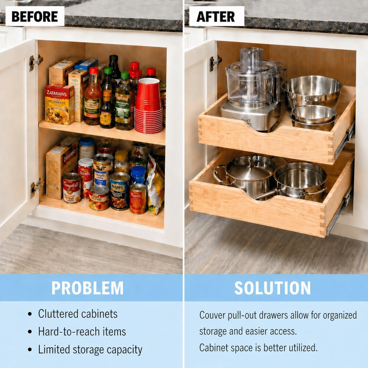Couver Pull Out Drawers For Cabinets, Soft Close Slide Out Wood Shelves Storage Organizer for Kitchen, Finished, Heavy-Duty, Bottom/Side Mount, 30"W x 21"D x 3"H