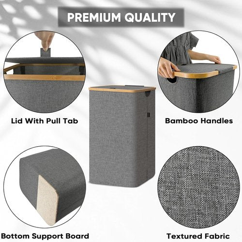 BALEINE Laundry Hamper - Tall Grey Laundry Basket with Lid & Bamboo Pull Handles | 26 Gal/100L Capacity