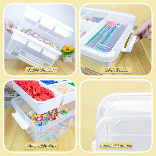 Creahaus 17 Quart Clear Plastic Storage Box - Durable Craft Organizer with Removable Tray for Beads, Art & Sewing
