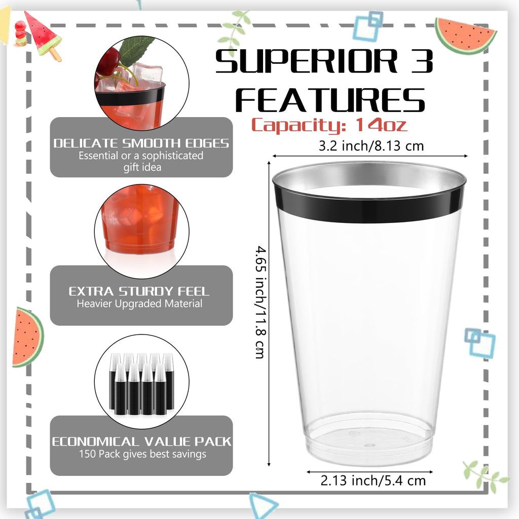 Norme 50 Pcs 14 oz Rimmed Plastic Cups Disposable Clear Cups with Rim Fancy Holiday Drinking Holder 2026 Graduation Party Favor Container Wine Glasses Tumblers for Wedding Valentine's Day(Black)