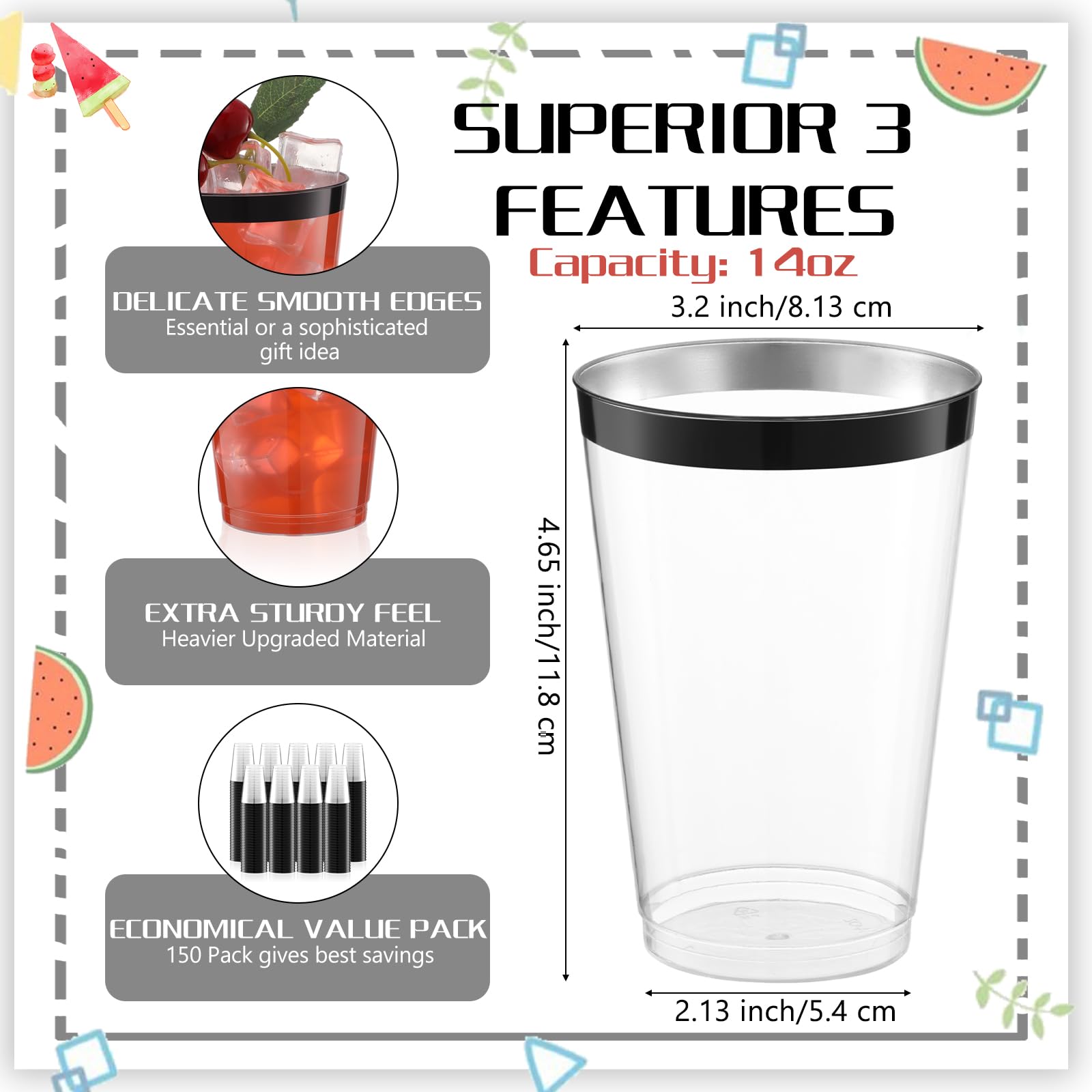 Norme 50 Pcs 14 oz Rimmed Plastic Cups Disposable Clear Cups with Rim Fancy Holiday Drinking Holder 2026 Graduation Party Favor Container Wine Glasses Tumblers for Wedding Valentine's Day(Black)