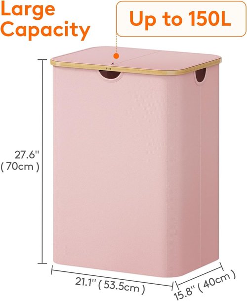 Lifewit 150L Laundry Basket - Foldable Hamper with Lid & Bamboo Handles | Pink, Removable Bags