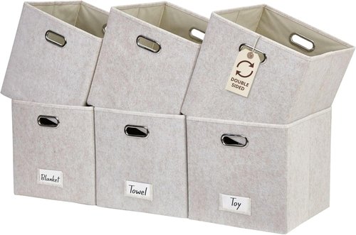 DECOMOMO Felt Storage Bins - 11 Inch Cube Storage Bins with Labels for Kallax Shelves | Beige (Set of 6)