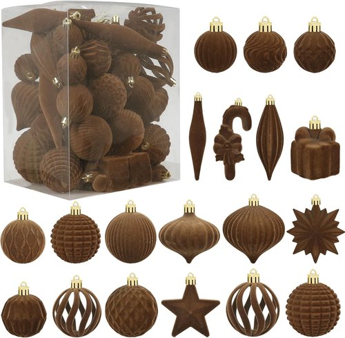 Brown Velvet Christmas Balls by [Brand Name] - 50 Pcs Flocked Ornaments for Tree & Holiday Decor