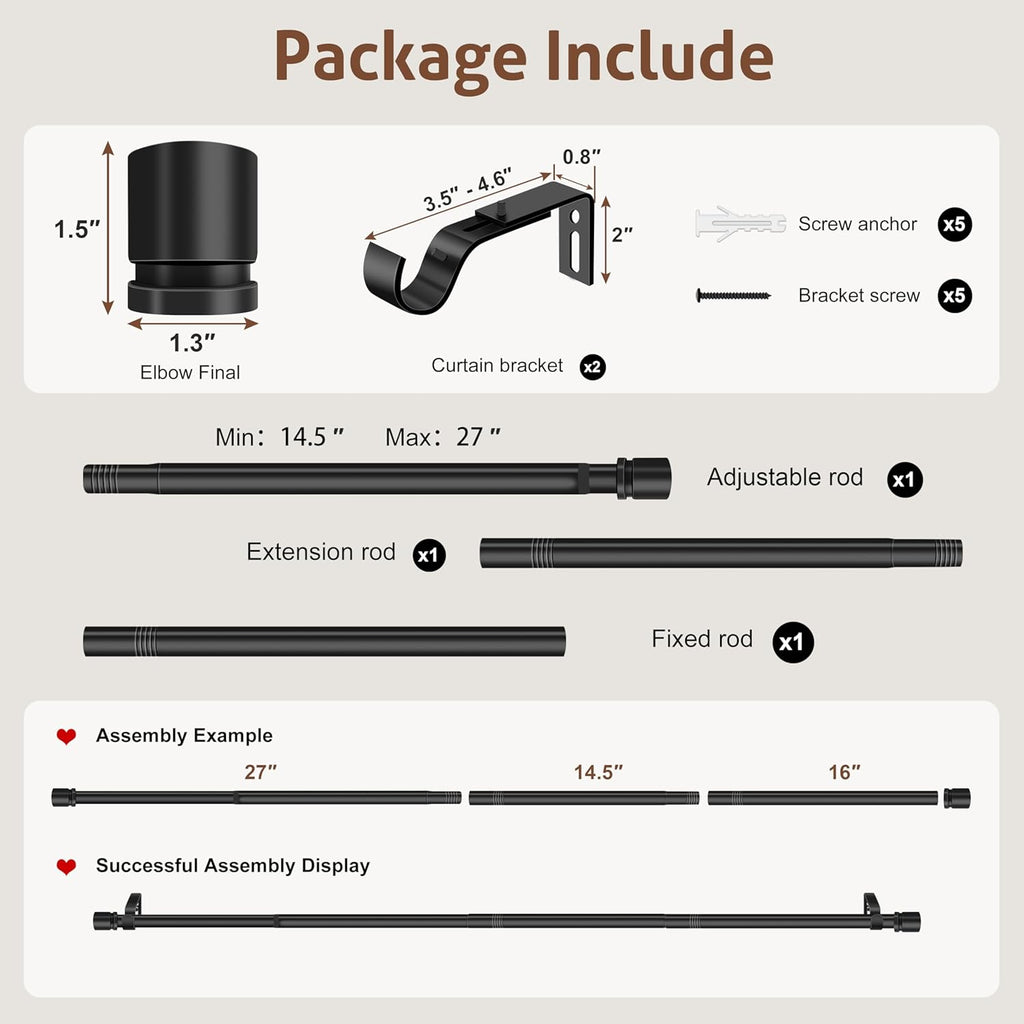 XDW-GIFTS Black Heavy Duty Curtain Rod - Adjustable 32 to 46 Inch, 1 Inch Diameter for Modern Decor