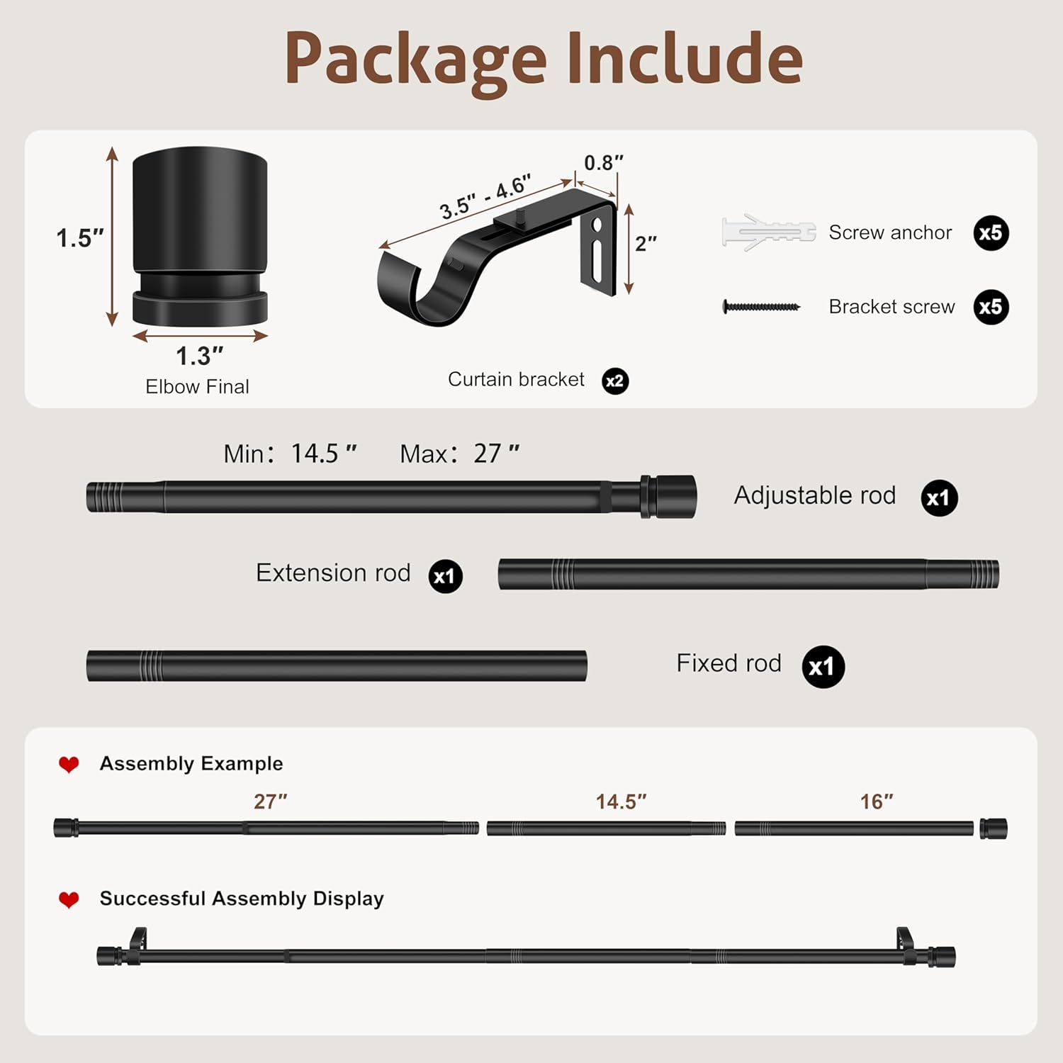 XDW-GIFTS Black Heavy Duty Curtain Rod - Adjustable 32 to 46 Inch, 1 Inch Diameter for Modern Decor