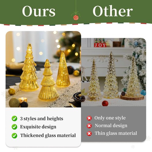 Glasseam Gold Christmas Centerpieces for Table: Set of 3 Mercury Glass Christmas Tree with Lights Tabletop Xmas Trees with Timer for Decorations Indoor Ornaments Fireplace Mantel Decor