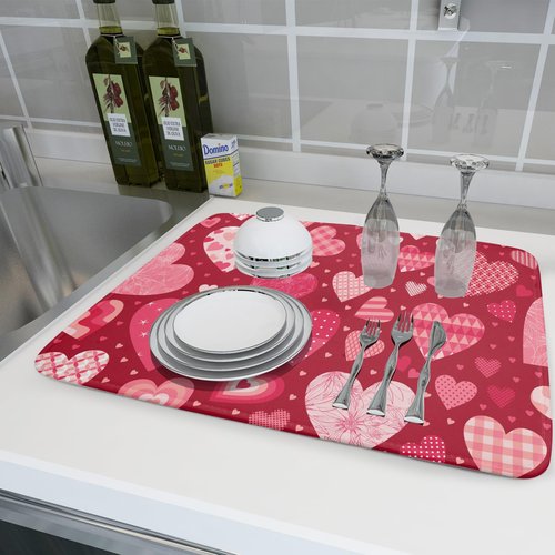 Valentine Day Love Heart Dish Drying Pad 18 x 24 Inch with Absorbent Reversible Microfiber Happy Valentines Pink Red Hearts Drying Mats For Kitchen Counter Dining Room Decoration