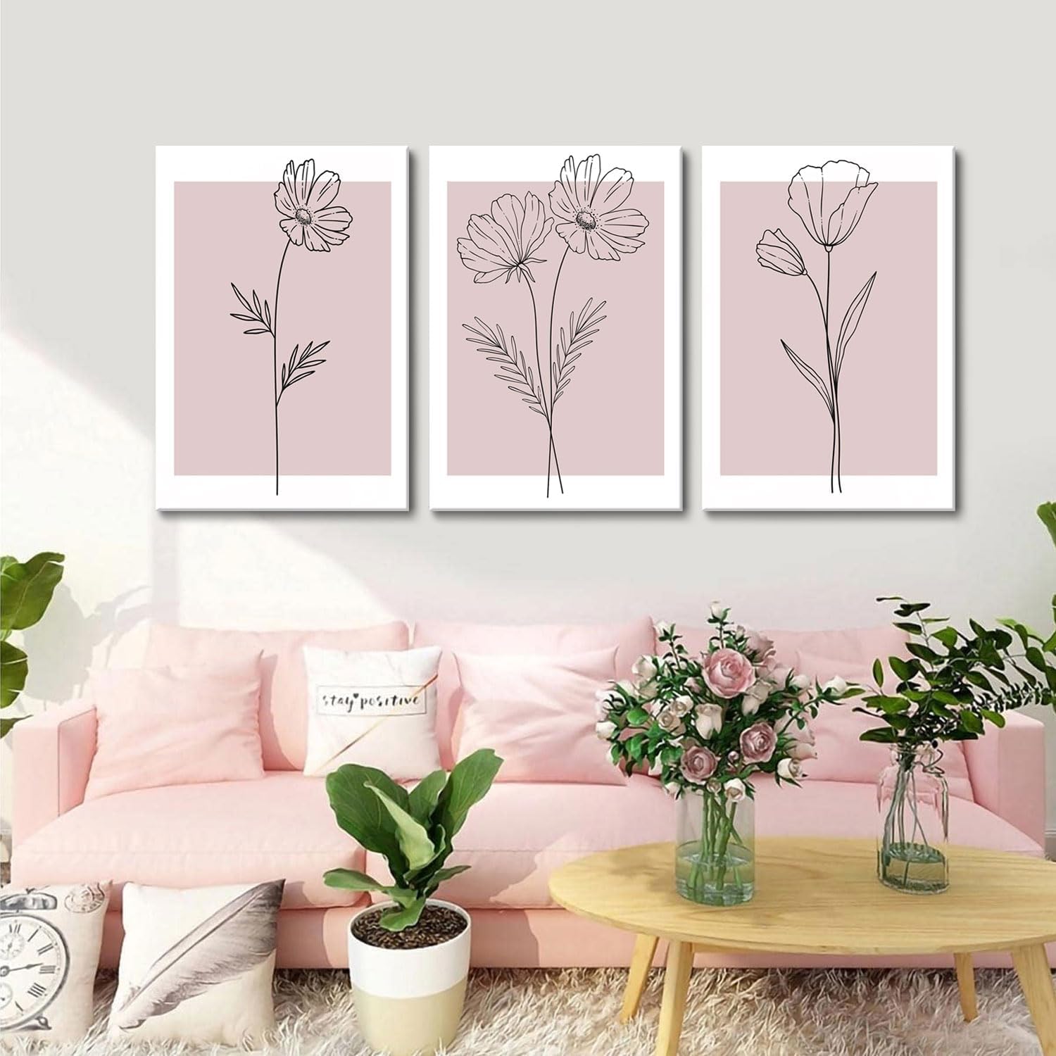 Pink Flower Market Wall Art Set of 3 - Aesthetic Canvas Prints for Bedroom & Living Room | Framed 12x16 Inch