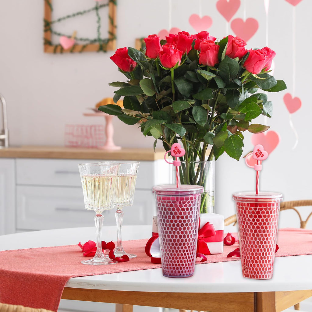 Whaline 6 Pcs Valentine's Day Conversation Heart Straw Cover Cap Reusable Silicone Straws Topper Pastel 10 Mm/0.4 Inch Straw Tip Lid Protector for 30/40 Oz Tumbler Cup Accessory Party Decor