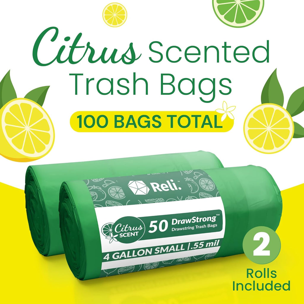 Reli 4 Gallon Trash Bags - Citrus Scented Drawstring Liners for Small Trash Cans | 100 Count