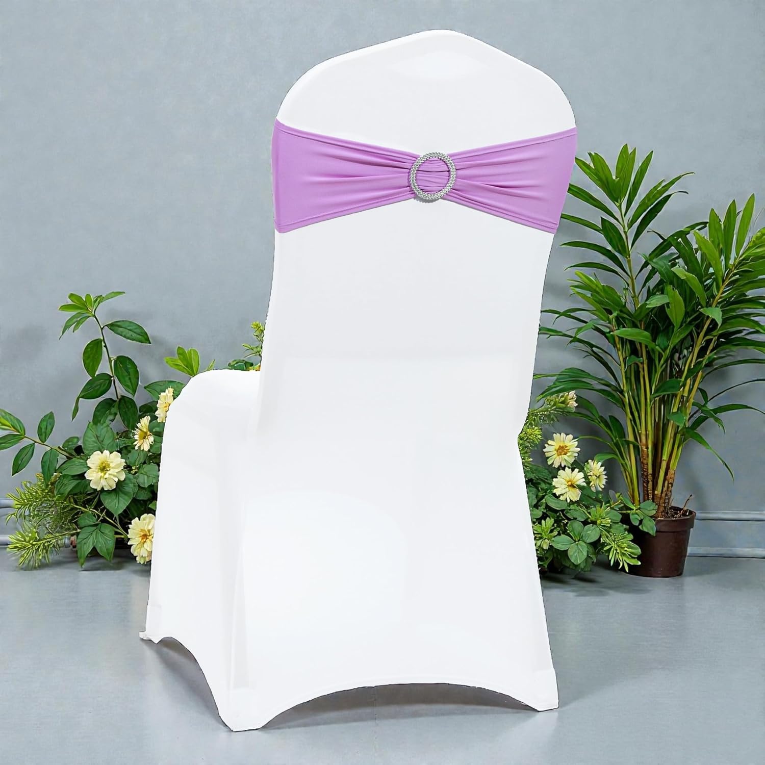 MDS Premium Spandex Chair Sashes - Stretchy Bow Covers with Buckle Slider | Pack of 50 - Light Purple