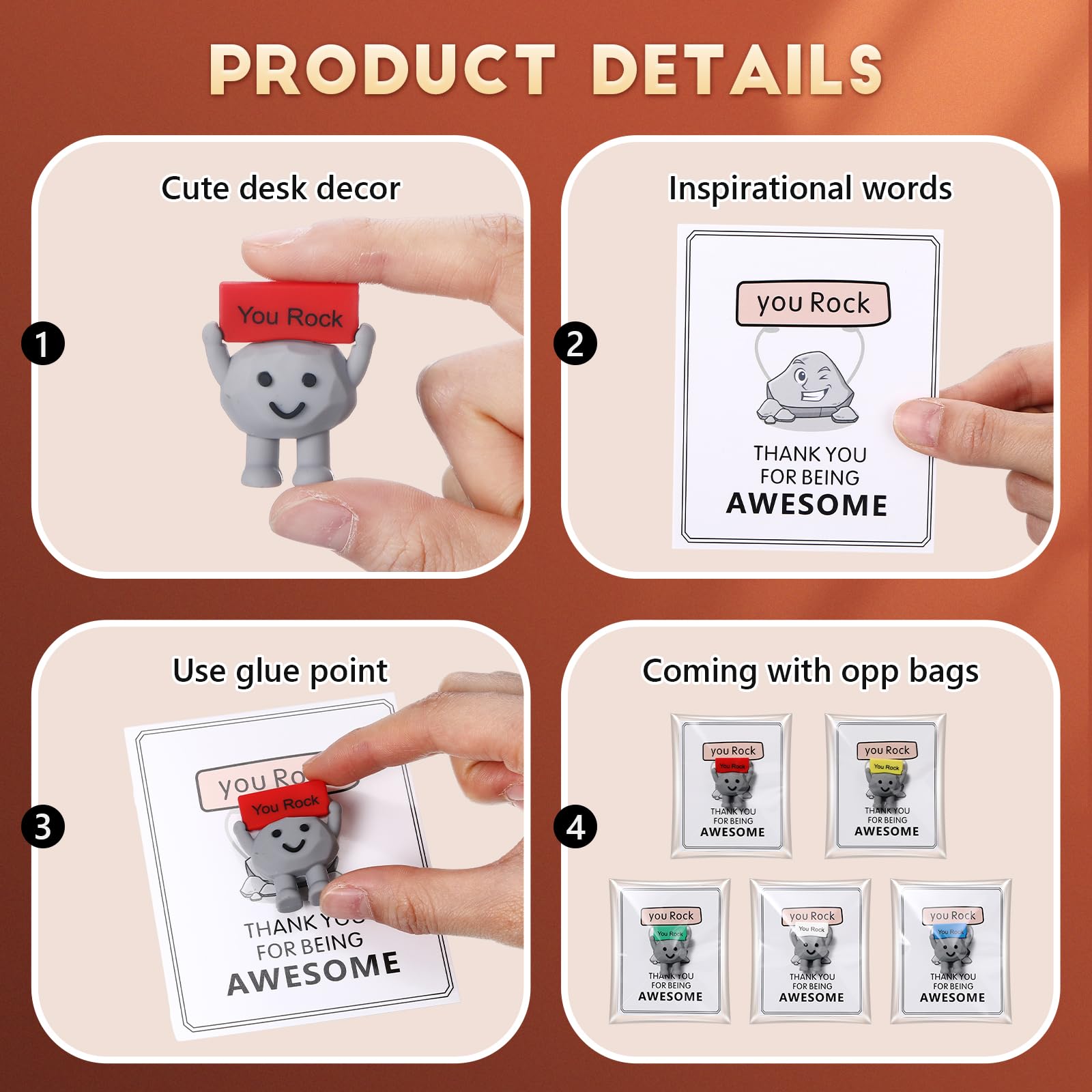 Gejoy 25 Sets Positive Mini Figurines Gifts Miniature Emotional Mini Rubber Toy with Positive Card Gift Bags Inspirational Birthday Gifts for Coworkers Employees (Rock)