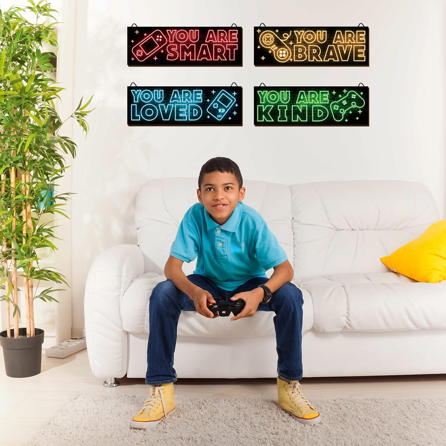 YLOLUL Neon Game Art Prints - 4-Piece Wood Wall Decor for Boys' Rooms | Inspirational Gamer Quotes, 12 x 4 Inch, Red