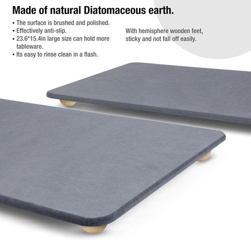 Large Stone Dish Drying Mat for Kitchen Counter, 24"×16" Quick Dry Super Absorbent Eco-Friendly Diatomaceous Earth Stone Mat with hemisphere wooden feet, Non-slip, Heat Resistant, Multi-purpose mats.