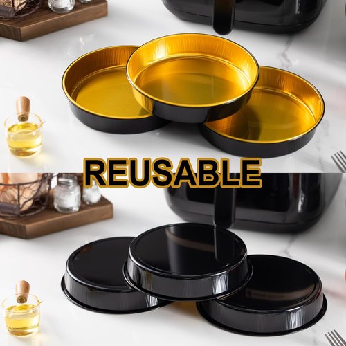 Air Fryer Foil Liners - 20 Pack of 7-Inch Round Disposable Aluminum Pans | High-Heat Safe, Food-Grade Black & Gold