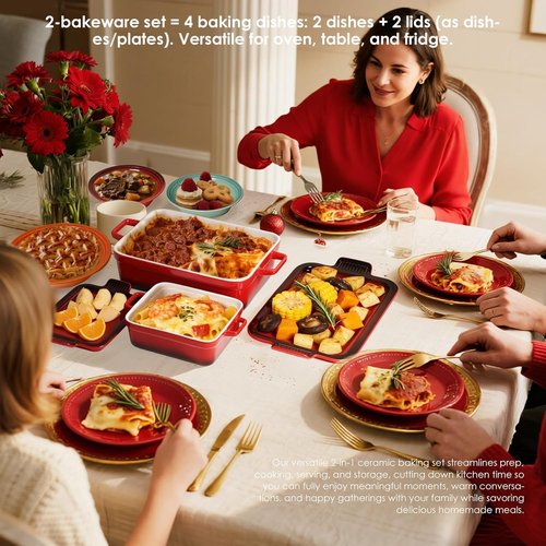 ACMLIFE Ceramic Casserole Dish Set - 4-Piece Oven Bakeware with Lid | Red Stoneware, 3.06 Qt & 0.95 Qt
